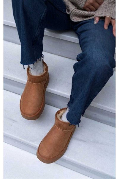 SHOELLE Bot Mini Tan Suede Thick Sole Women's Boots with Fur Inside