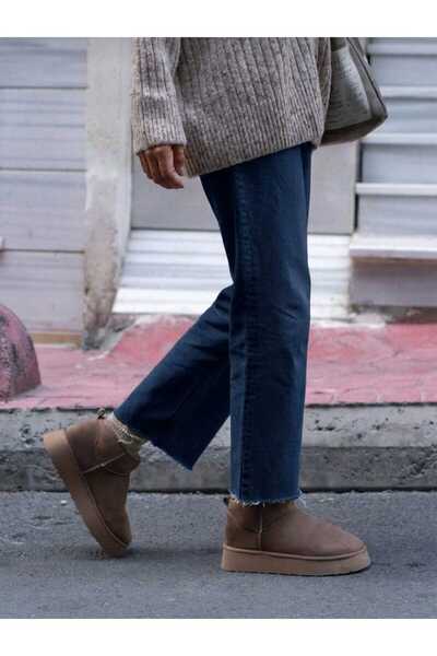 SHOELLE Mini Vi̇zon Suede Boots with Fur Inside and Thick Sole for Women