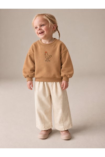 Unisex Tavuk Nakışlı Taba Pamuklu Sweatshirt & Kanvas Balon Pantolon Takımı