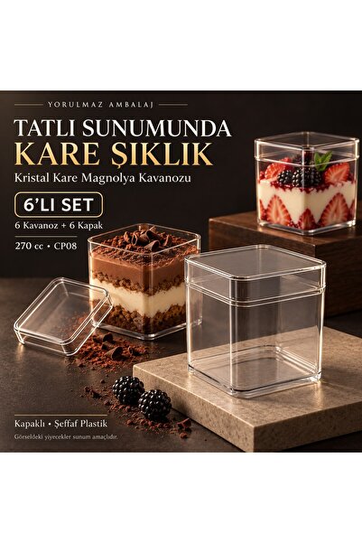 Kristal Kare Magnolya Kavanozu 270 Cc Kapaklı 6’lı – Cp08 Şeffaf Plastik Tatlı Ve Puding Sunum Kabı