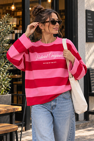 Moda Neval Kadın %100 Pamuk Uzun Kollu Bisiklet Yaka Çizgili Oversize Tişört