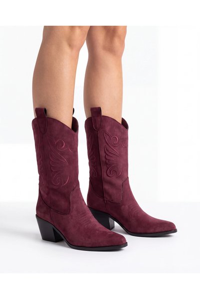 Tibu Ayakkabı Women's Burgundy Suede Embroidered Western Talia Cowboy Boots