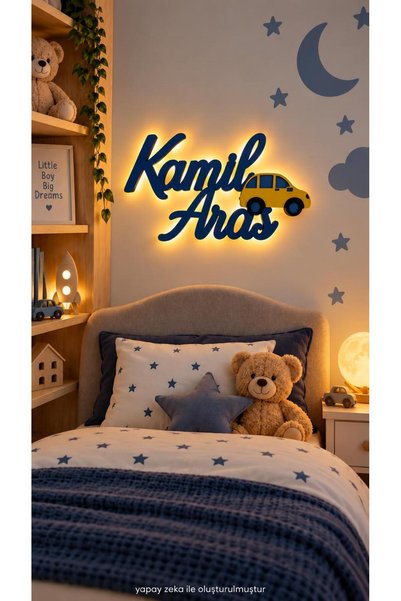 Runc Design Kişiye Özel İsimli Araba Figürlü Ahşap LED Gece Lambası - Erkek Ç...