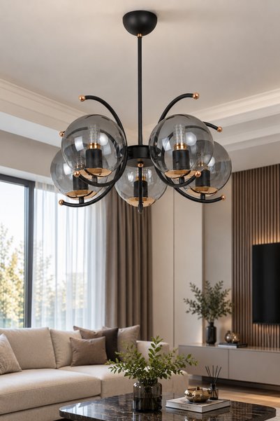 MŞ Aydınlatma Calista Siyah Gold 5 Füme Camlı Avize