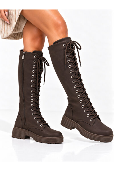 Conforty Women's Lace-Up Inner Zipper Below-The-Knee Boots Flat Thick Sole Co...