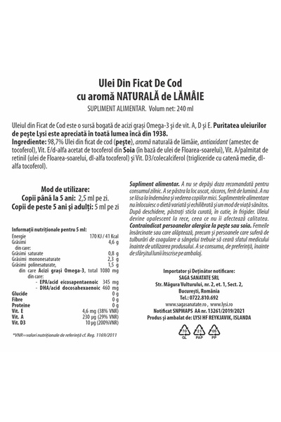 Lysi Ulei de ficat de cod cu aromă de lămâie
