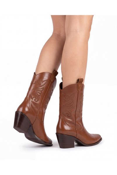 Tibu Ayakkabı Women's Tan Leather Embroidered Western Talia Cowboy Boots
