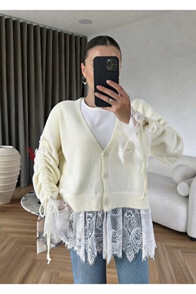 Trend Marfa Lace Detailed Soft Knitwear Cardigan