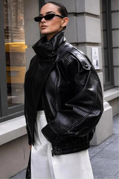 LADY SHOPPING AZELIA YSL & ZRA Dik Yaka Oversize Deri Ceket