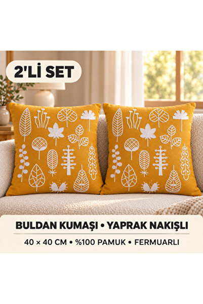 LiviaLoom Buldan Kumaşı Yaprak Nakışlı Dekoratif 2'li Kırlent Kılıfı 40x40 cm...