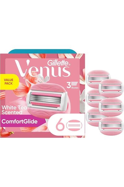 Gillette Venus شفرات حلاقة كومفورت جلايد للنساء بالشاي الأبيض - 6 عبوات إعادة...