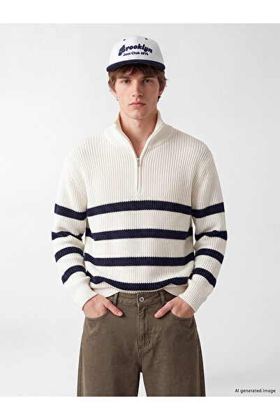 LC Waikiki Nevavm Farkıyla Xside Ecru Knitwear Striped Stand Collar Men's Swe...
