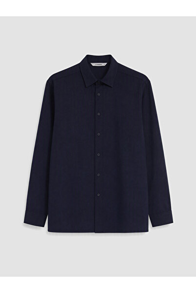 LC Waikiki Nevavm Navy Blue Linen-Look Plain Standard & Regular Men's Shirt w...