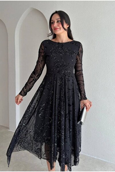 maf collection Rochie de seară din tul, neagră, cu croială asimetrică, cu dec...