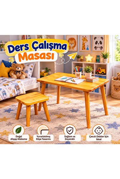 Masif Çam Ahşap Çocuk Ders Çalışma Masası