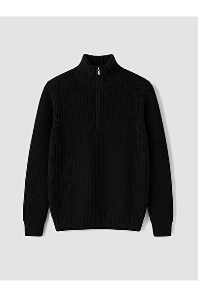 LC Waikiki Lcw Vision Black Knitwear Flat Collar Men's Sweater with Nevavm Di...