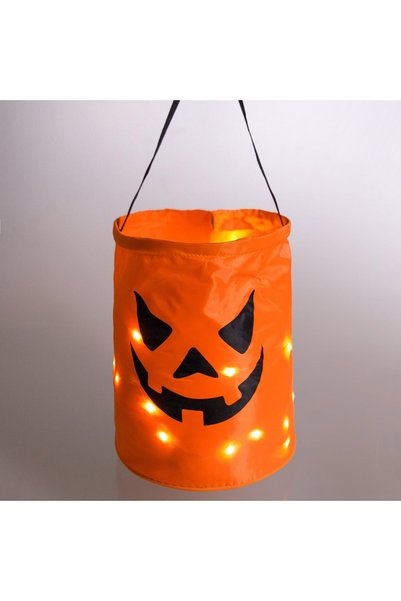 DD SHOP Geantă găleată pentru dulciuri Halloween, dovleac portocaliu cu LED î...