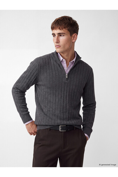 LC Waikiki Lcw Vision Gray Knitwear Flat Collar Men's Sweater with Nevavm Dif...