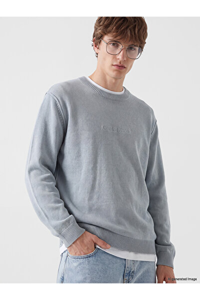 LC Waikiki Nevavm Xside Gray Knitwear Plain Oval Collar Men's Sweater with Di...