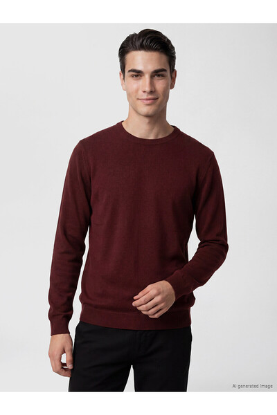 LC Waikiki Nevavm Burgundy Knitwear Plain Oval Collar Men's Sweater