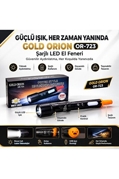 Orion Gold OR-723 Şarjlı LED El Feneri – 3000 Lümen Beyaz Lazer & Çok Renkli ...