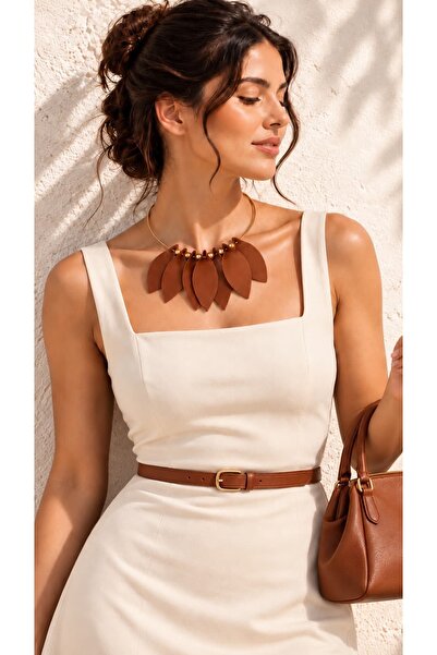 Kutcha Accessories Brown Leather Leaf Detailed Design Necklace