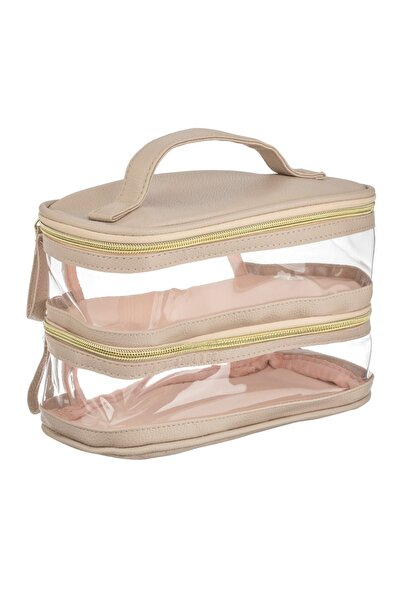 DD SHOP Portfard Bej cu 2 Compartimente Trasparente - tip Valiza, Cosmetice P...