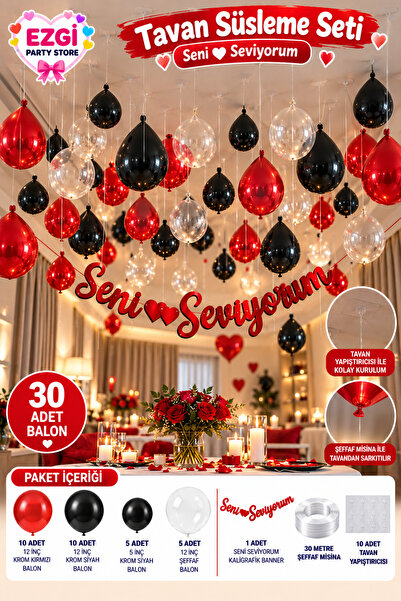 Ezgi Party Store Romantik Kutlama Konsepti Kırmızı Siyah Tavan Balon Süsleme ...