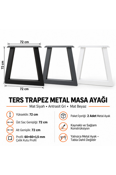 Genel Markalar EvKolleksiyon Ters Trapez Metal Masa Ayağı 2’li Takım 72x72 cm...