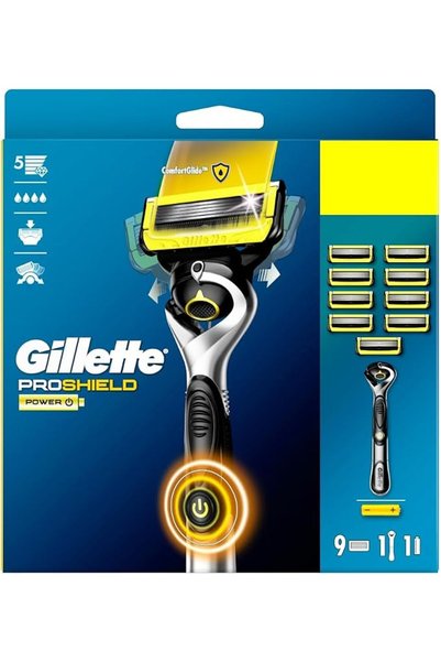 Gillette شفرة حلاقة بروشيلد باور للرجال + 9 شفرات بديلة مع أداة تشذيب دقيقة، ...