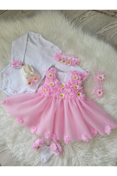 GOLD TEKSTİL Pink Daisy Laser Floral Tulle Long Sleeve Baby Girl Dress Crown Booties Winter Set