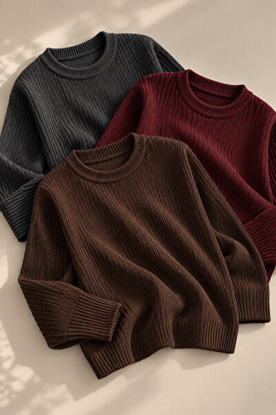 pepule Women's 3-Piece Crew Neck Oversize Knitwear Sweater Soft Knitted Sweater