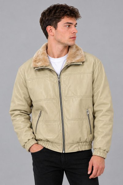 Stilkombin Faux Leather Winter Coat with Fur Collar and Padding Kmd 894_50537