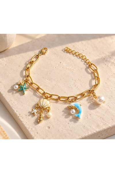 Bluw Jewelry سوار ماريا من الفولاذ مع حلية على شكل نجم البحر والدولفين والصدف واللؤلؤ