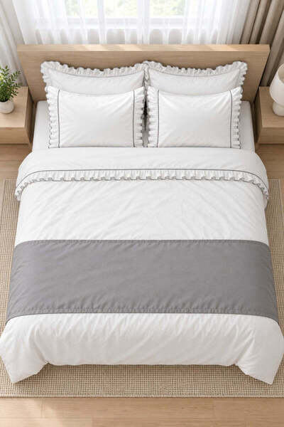 İK TEKSTİL Mirella 100% Cotton Ruffled Light Gray Piping Runner 7 Piece Double Duvet Cover Set