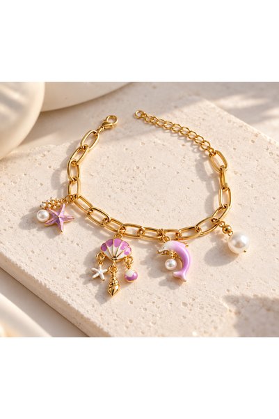 Bluw Jewelry سوار ماريا من الفولاذ مع حلية على شكل نجم البحر والدولفين والصدف واللؤلؤ