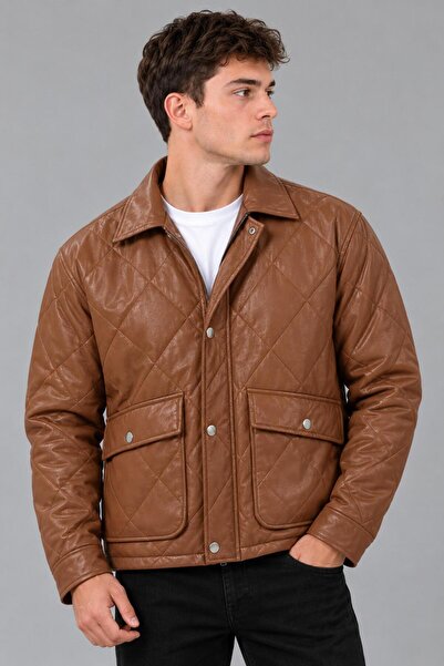 Stilkombin Baklava Pattern Fur Inside Bag Pocket Faux Leather Coat Kmd 855_50534