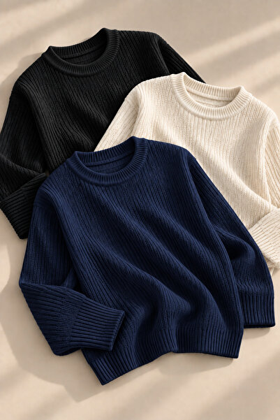 pepule Women's 3-Piece Crew Neck Oversize Knitwear Sweater Soft Knitted Sweater