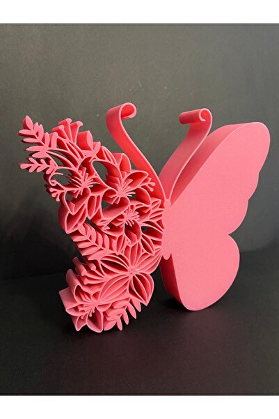 Çiçek Detaylı Kelebek Biblo Masa Üstü Dekoratif Heykel Pembe Modern Salon & Raf Dekoru