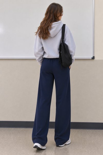 Warasiva Women's Navy Blue Flat-Leg Modal Fabric Sweatpants with Pockets