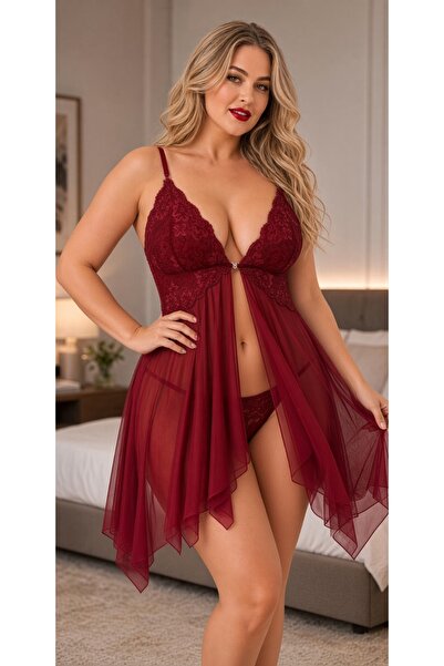 Viselya Lace Embroidered Stone Detailed Tulle Plus Size Nightgown