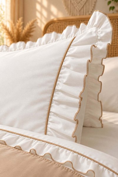 İK TEKSTİL Mirella 100% Cotton Ruffled Beige Piping Runner 5 Piece Single Duvet Cover Set