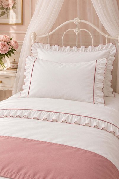 İK TEKSTİL Mirella 100% Cotton Ruffled Piping Runner 5-Piece Single Duvet Cover Set
