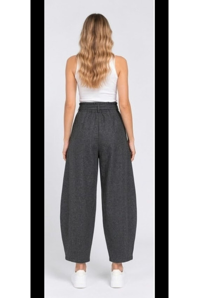 SheLoria Women's Anthracite High Waist Barrel Cut Belted Thick Cashmere Trousers