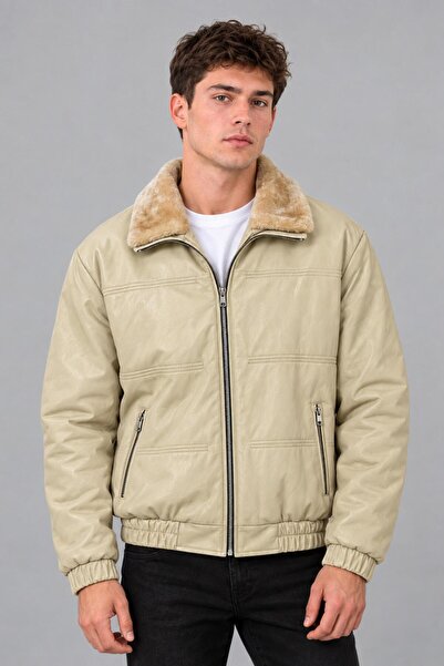 Stilkombin Faux Leather Winter Coat with Fur Collar and Padding Kmd 894_50537