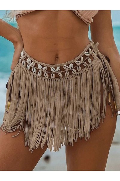 Generic Brand Beige Bikini Top with Seashell Tassels Pareo,Beachwear,Bikini T...