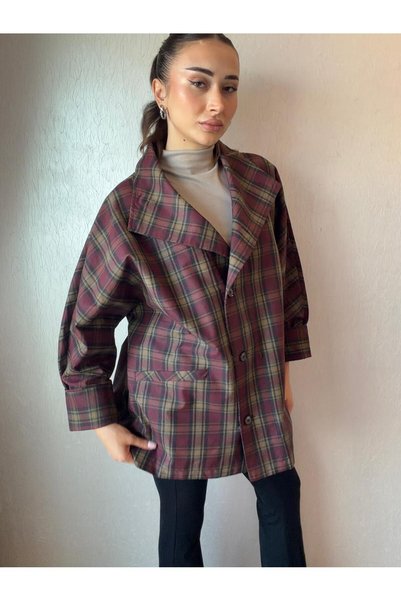 ASL WOMAN Bordo Ekose Desenli Ceket