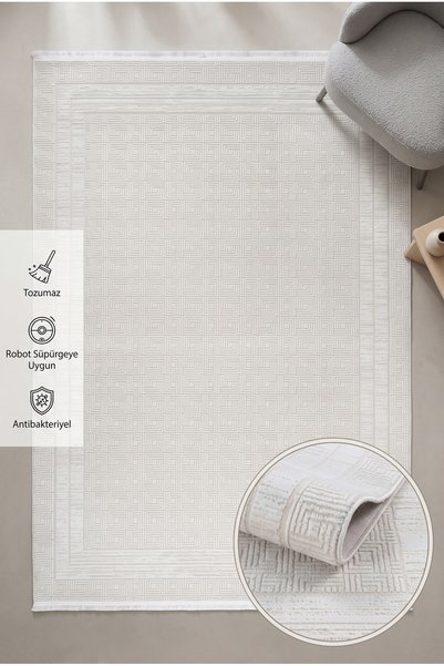 BESEV HOME CONCEPT Private Krem Renk Çerçeve Desenli Halı Tozumaz, Robot Süpü...