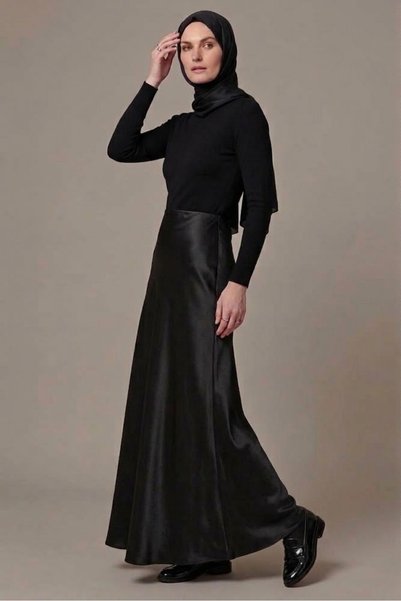 Mey Collection Hijab și fustă casual din satin lucios pentru femei, lungime: 94-95cm, NEGRU