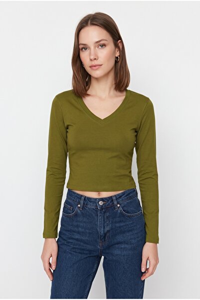 V Yaka Uzun Kollu Crop Fitilli Ribana Dokulu Basic Bluz Haki